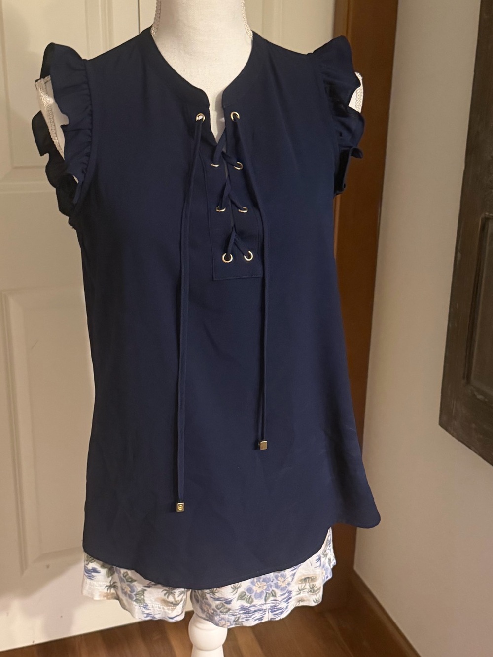 Michael Kors navy and beige women's top with logo trim